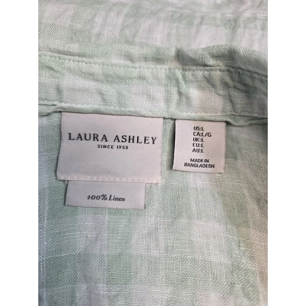 Laura Ashley Linen Blouse Women's L Green White Cropped Cottagecore - Picture 3 of 3